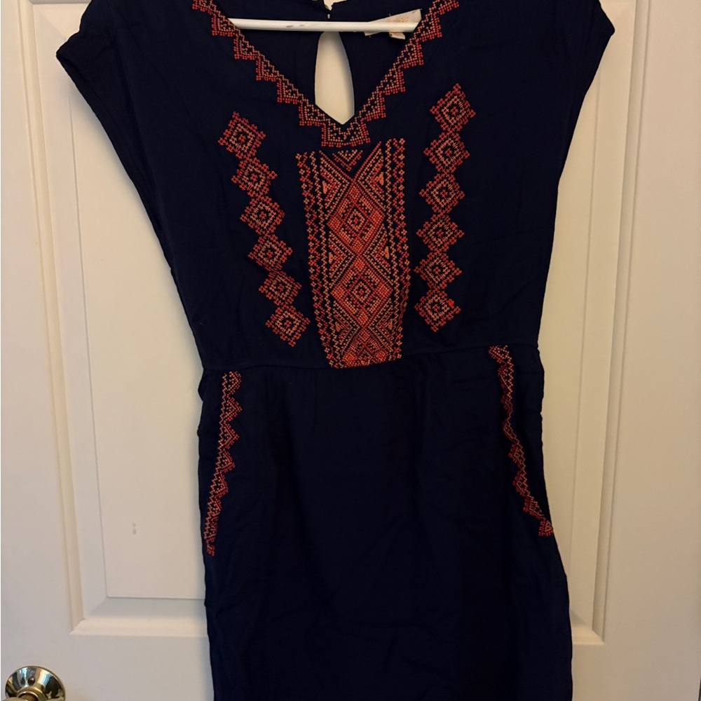 Embroidered Navy Mini Dress with Red Accent